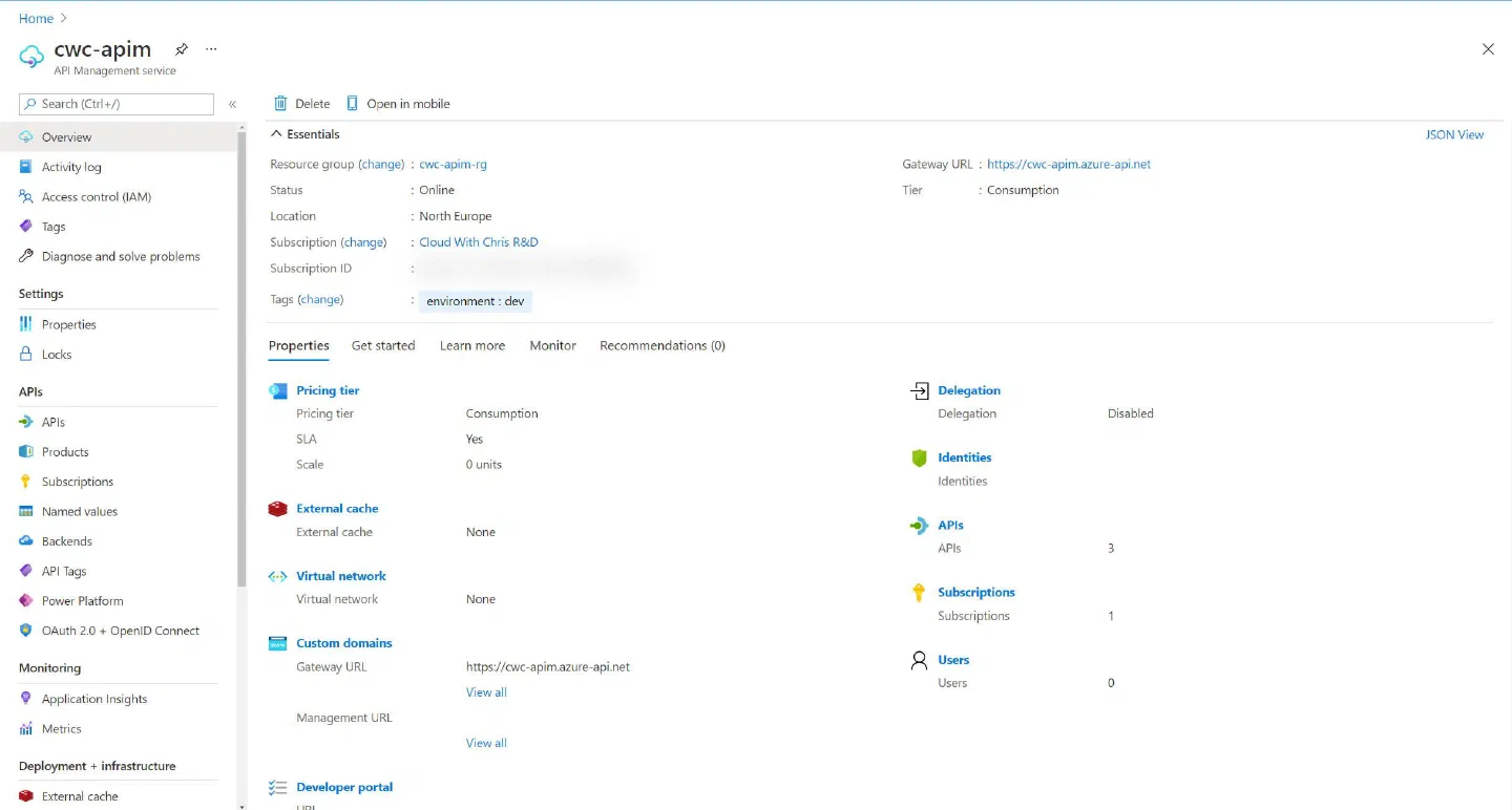 Screenshot showing the API Management Service Resource in the Azure Portal
