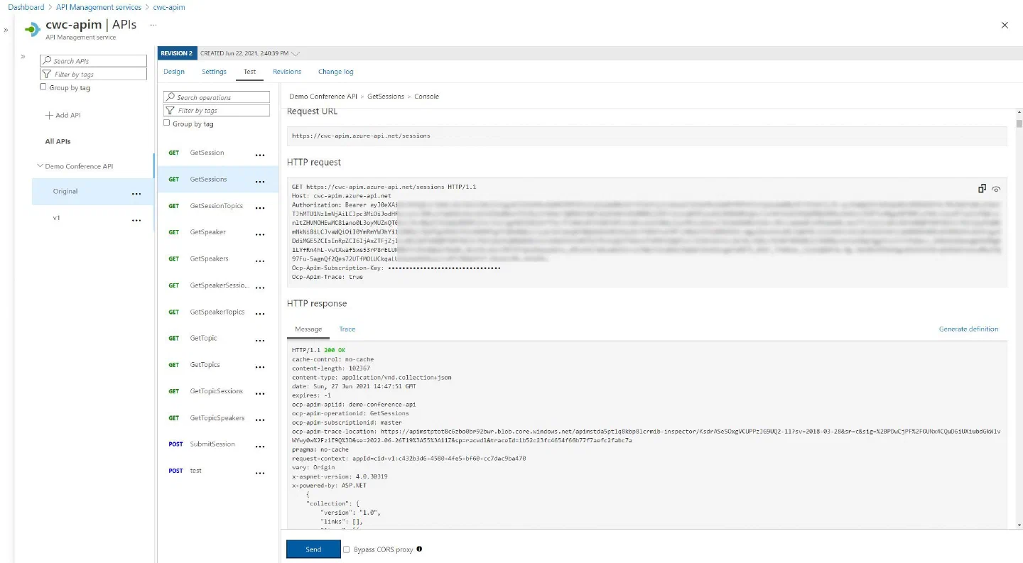 Screenshot showing API operation returning a 200 with correct authorization