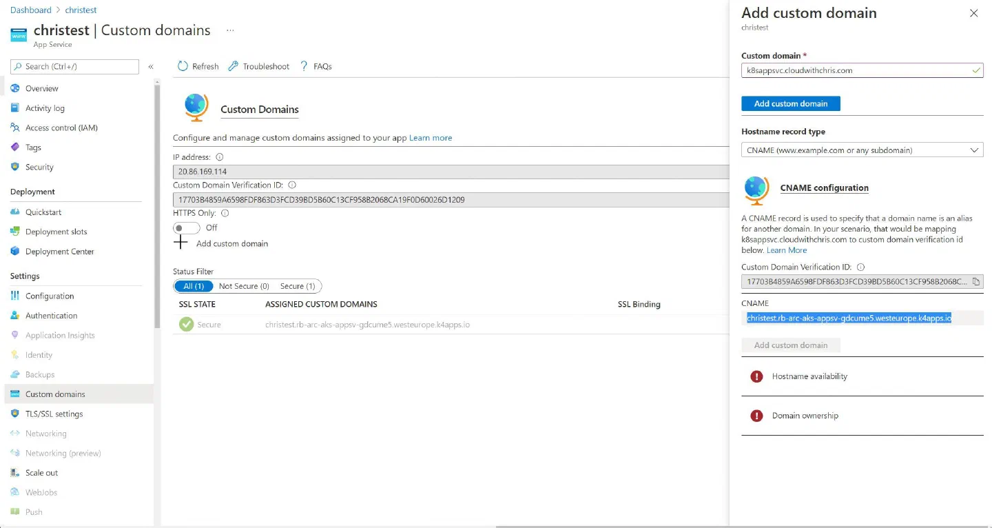 Screenshot showing the Custom Domain Validation for the App Service on Kubernetes through Azure Portal