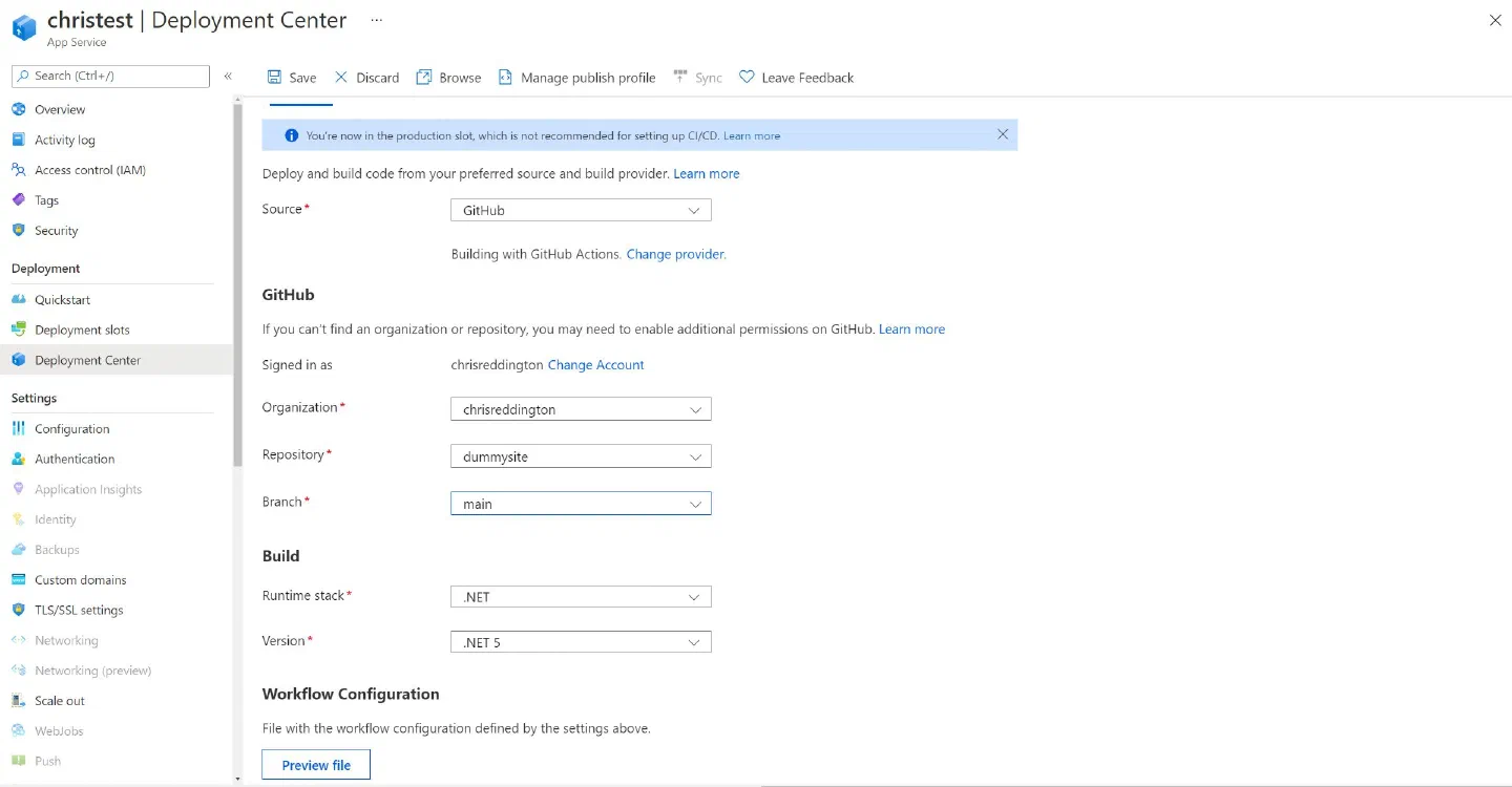 Screenshot showing the Deployment Center Functionality for App Service on Kubernetes through Azure Portal