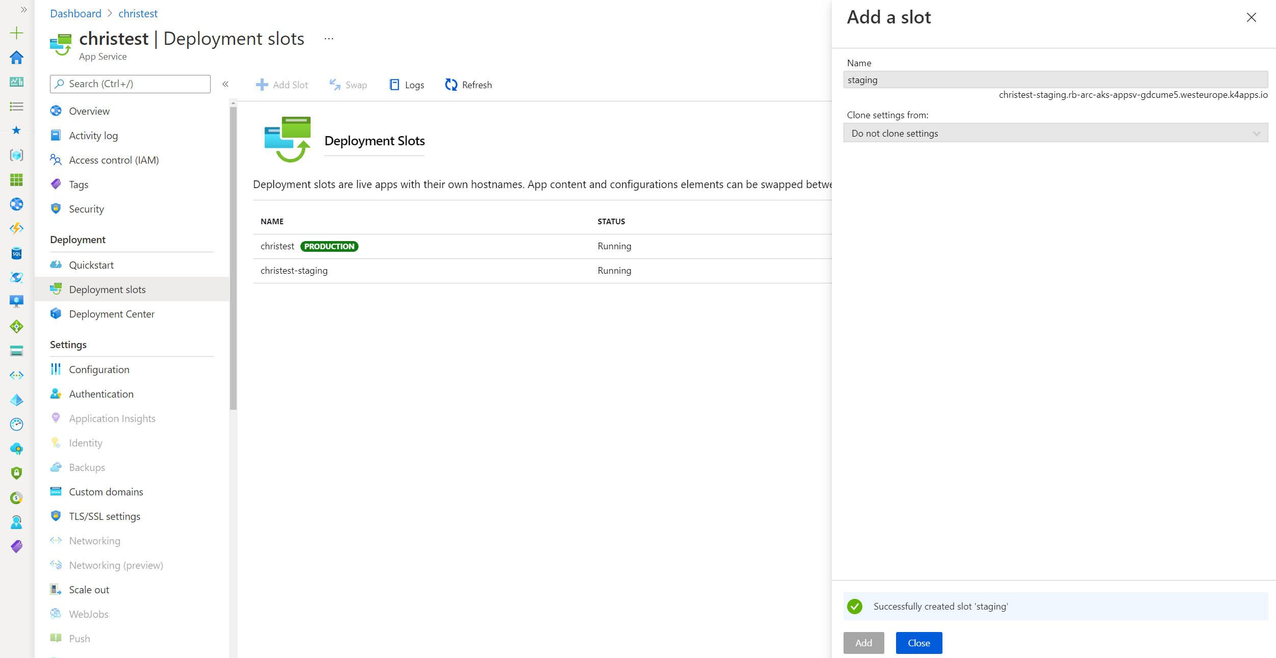 Screenshot showing the Deployment Slots Functionality for App Service on Kubernetes through Azure Portal