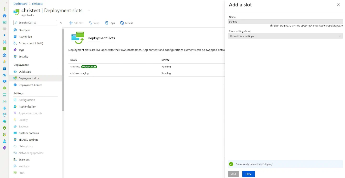 Screenshot showing the Deployment Slots Functionality for App Service on Kubernetes through Azure Portal