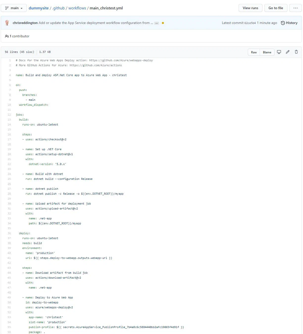 Screenshot showing a GitHub Action Workflow setup automatically by App Service&rsquo;s Deployment Center functionality