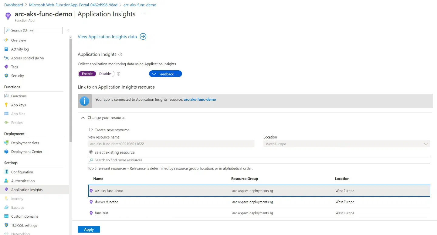 Screenshot showing the App Insights configuration experience for a Function App in an Application Service Kubernetes Environment