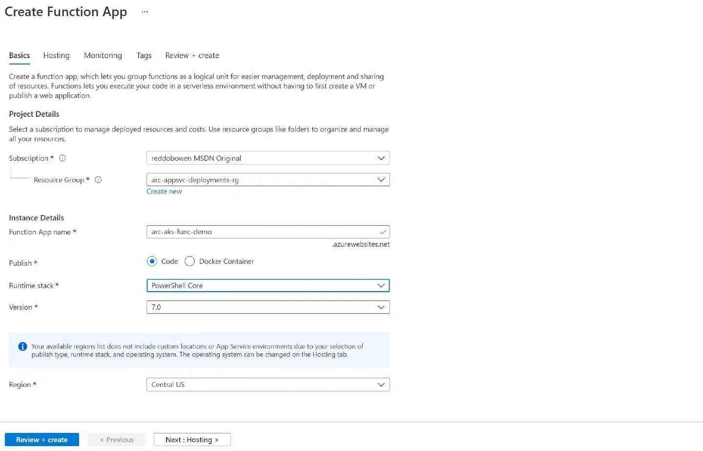 Screenshot showing the Azure Functions create experience on an Arc-Enabled Kubernetes Cluster through Azure Portal