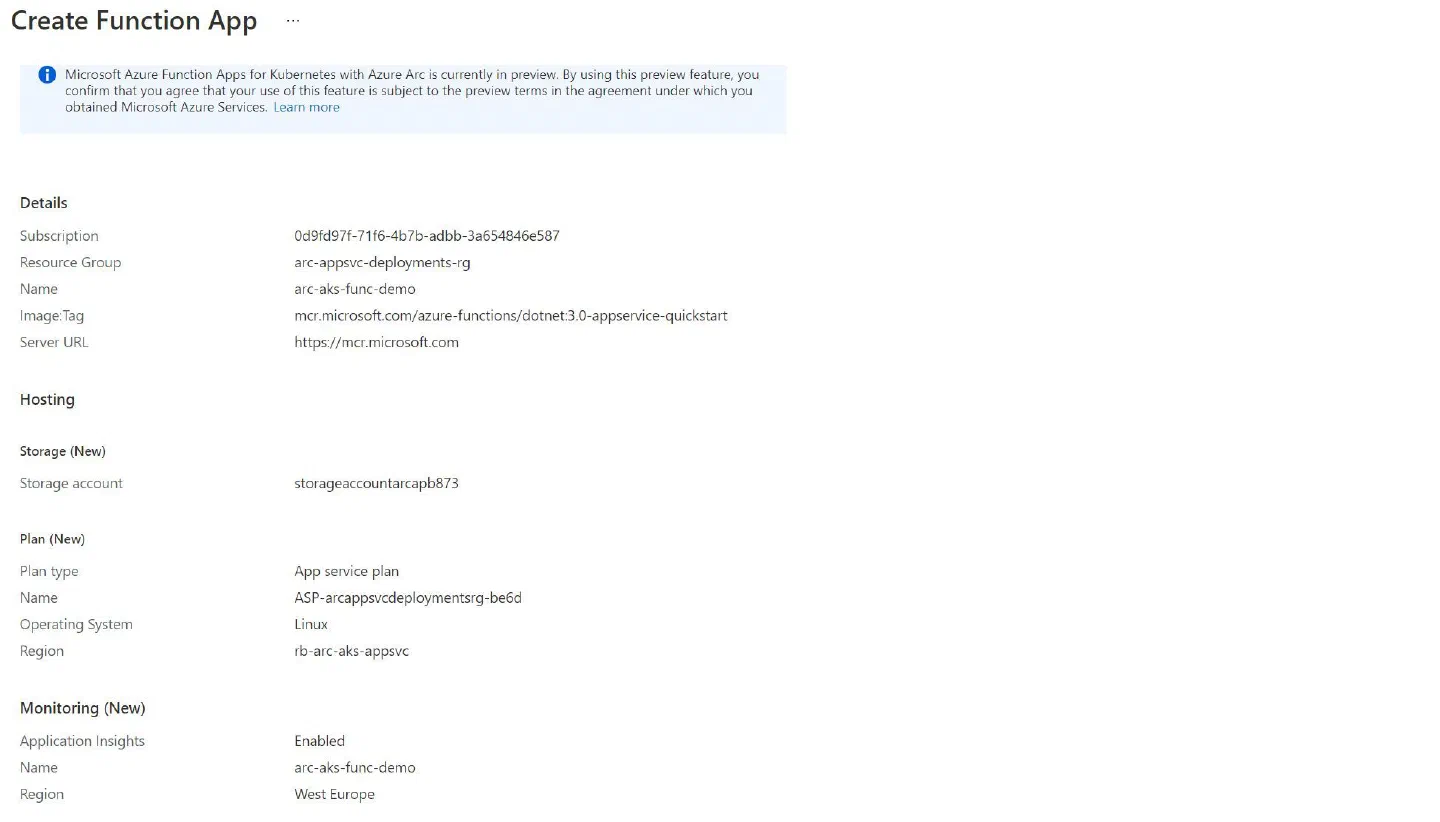 Screenshot showing the Azure Functions create experience on an Arc-Enabled Kubernetes Cluster through Azure Portal