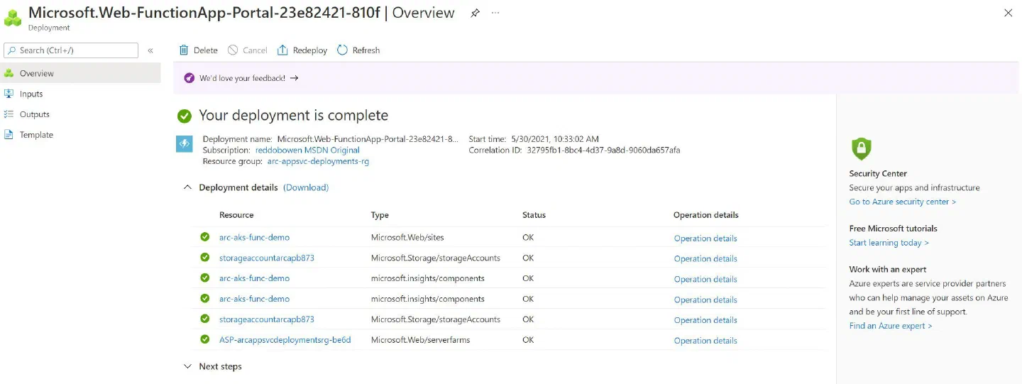 Screenshot showing the Azure Functions create experience on an Arc-Enabled Kubernetes Cluster through Azure Portal