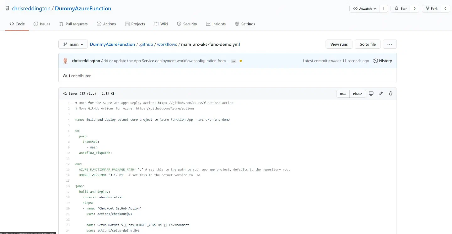 Screenshot showing a GitHub Action Workflow setup automatically by App Service&rsquo;s Deployment Center functionality