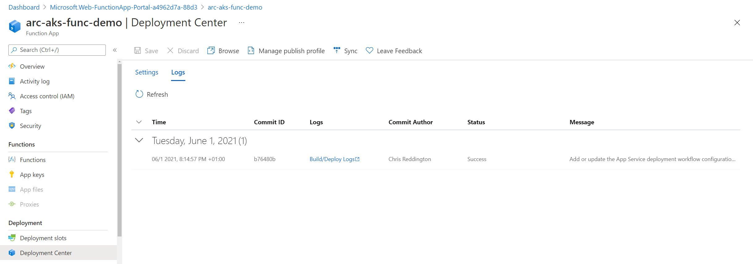 Screenshot showing a GitHub Action Workflow setup automatically by App Service&rsquo;s Deployment Center functionality
