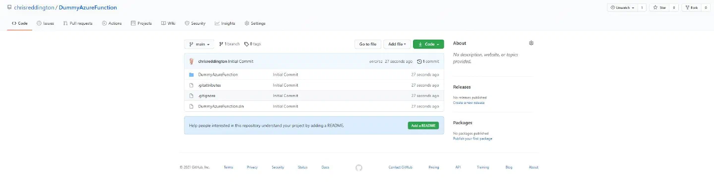 Screenshot showing a basic Azure Function in GitHub