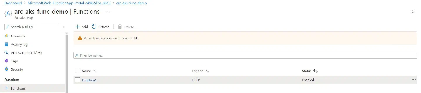 Screenshot showing the list of functions deployed into the Function App