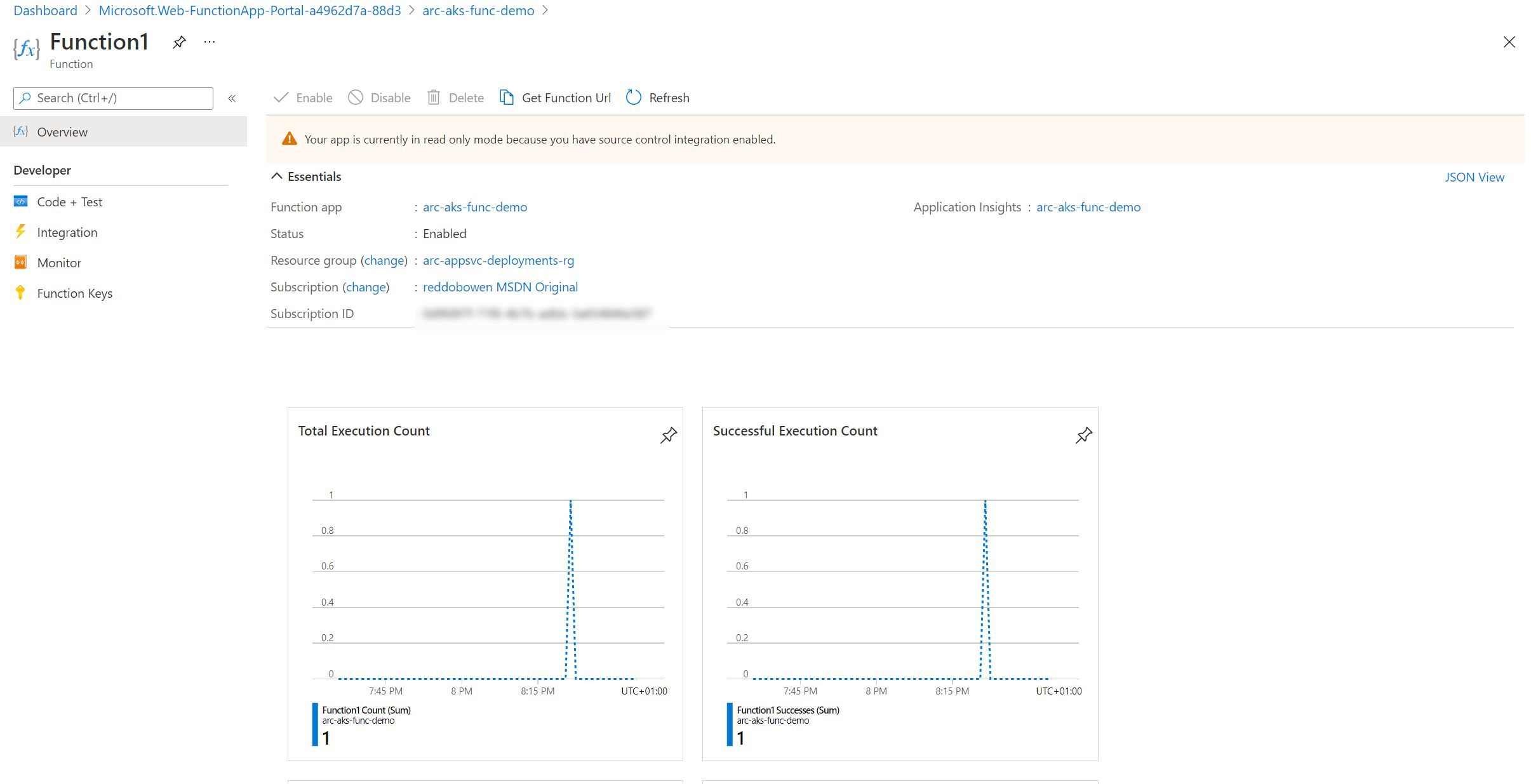Screenshot showing the summary of a function within our Function App
