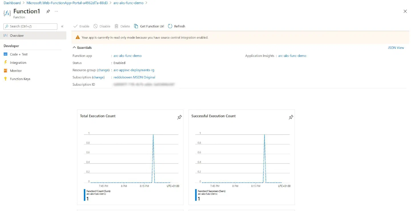 Screenshot showing the summary of a function within our Function App
