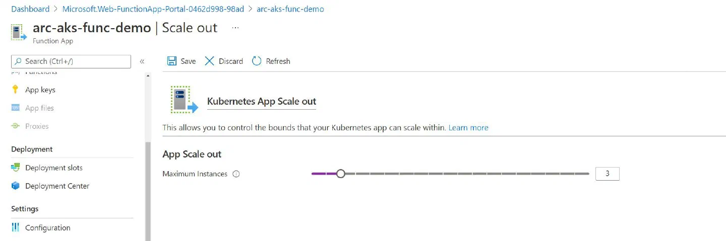 Screenshot showing the Scaling out Functionality for a Function App hosted in App Service on Kubernetes through Azure Portal
