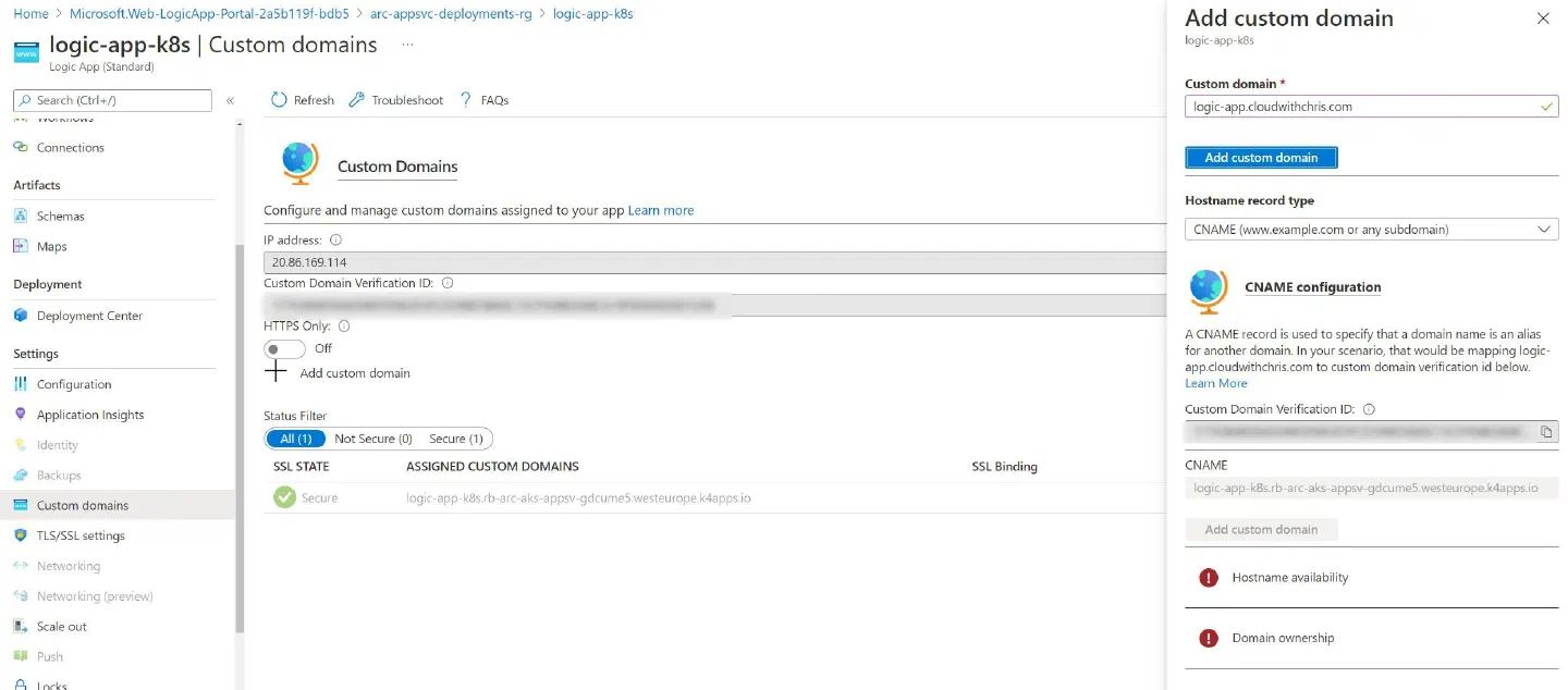 Screenshot showing the Custom Domain Validation for a Function App in an Application Service Kubernetes Environment