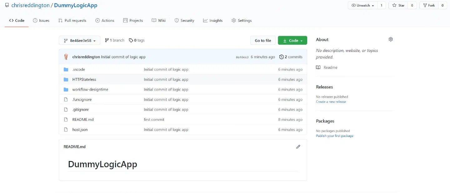 Screenshot showing the GitHub repo containing the code for our Logic App Workflow