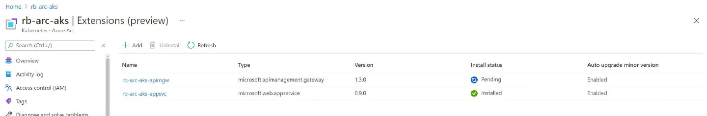 Screenshot showing the API Management Gateway Extension installing to the Azure Arc enabled Kubernetes Cluster