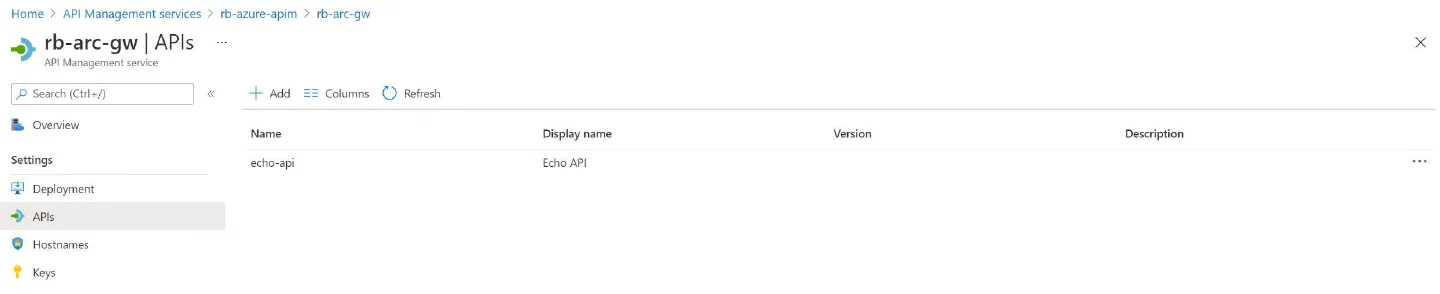 Screenshot showing the API now associated with the self-hosted gateway