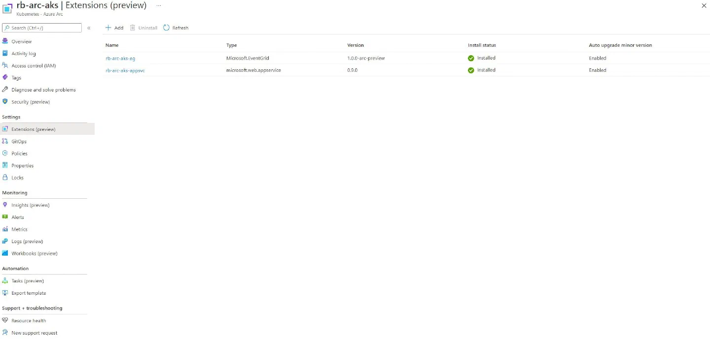 Screenshot showing the Azure Arc Extensions installed once the Event Grid for Kubernetes Extension configuration has completed