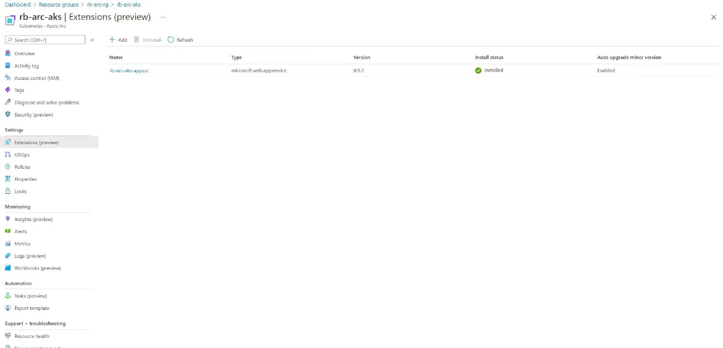 Screenshot showing the Azure Arc Extensions installed so far (Which displays the Application Services Extension)