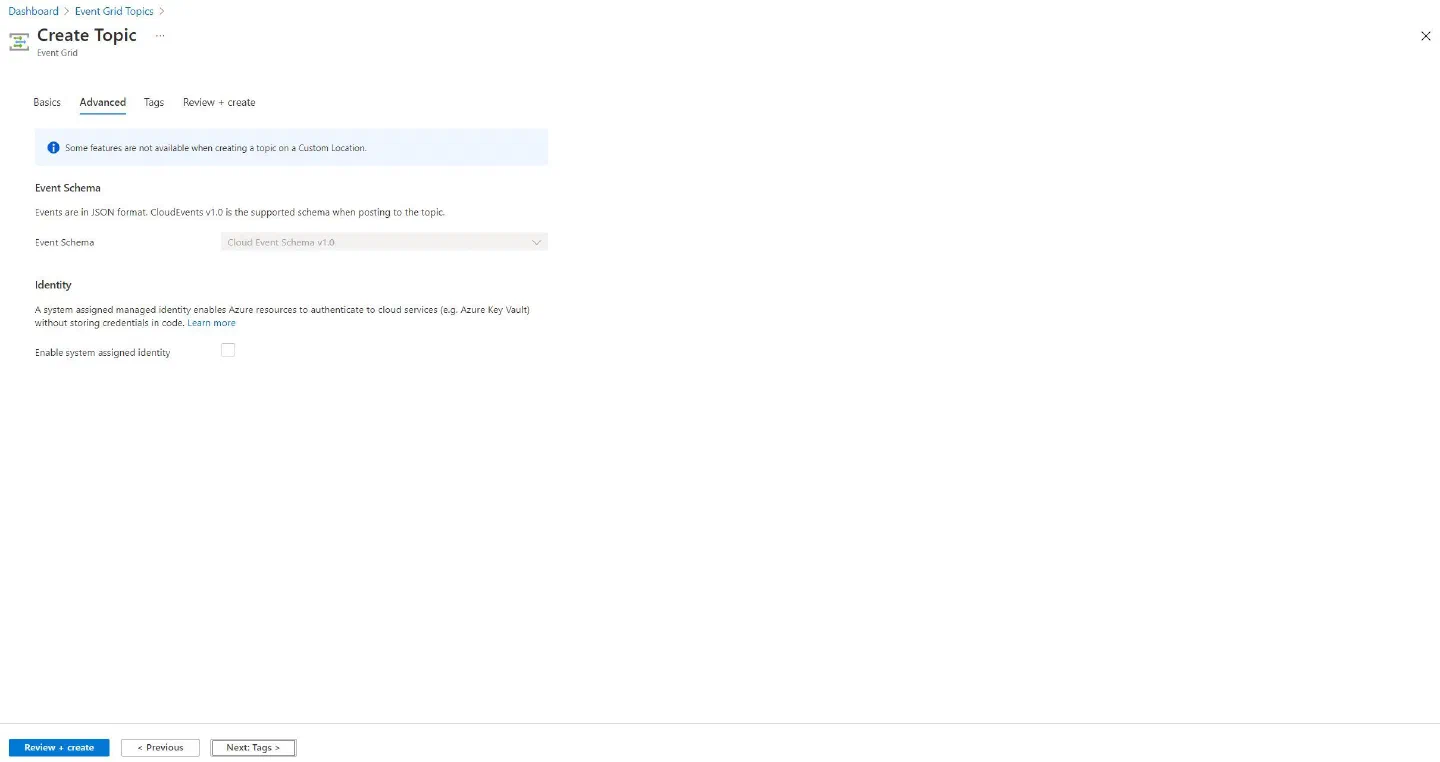 Screenshot showing the Azure Portal experience to create an Event Grid Topic, showing event schema as CloudEvents 1.0 only