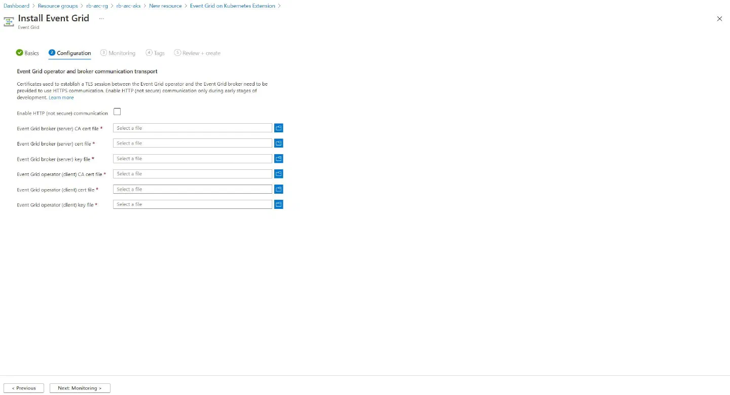 Screenshot showing the second stage of the Event Grid on Kubernetes Extension creation experience in the Azure Portal - Configuring either HTTP or HTTPS (This shows the options for HTTPS)