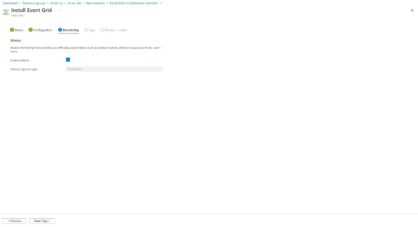 Screenshot showing the third stage of the Event Grid on Kubernetes Extension creation experience in the Azure Portal - Configuring monitoring)