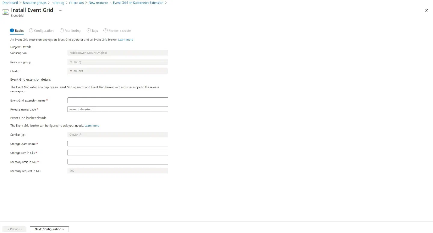 Screenshot showing the Event Grid on Kubernetes Extension creation experience in the Azure Portal