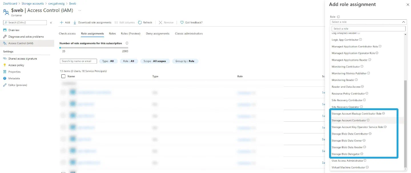 Storage Account - Azure Role Based Access Control options