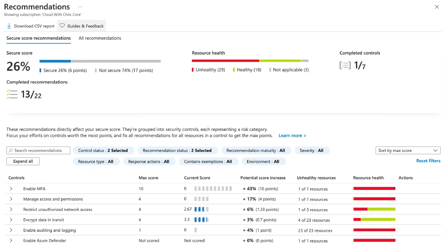 Screenshot showing the recommendations page of Azure Security Center Screenshot showing the recommendations page of Azure Security Center
