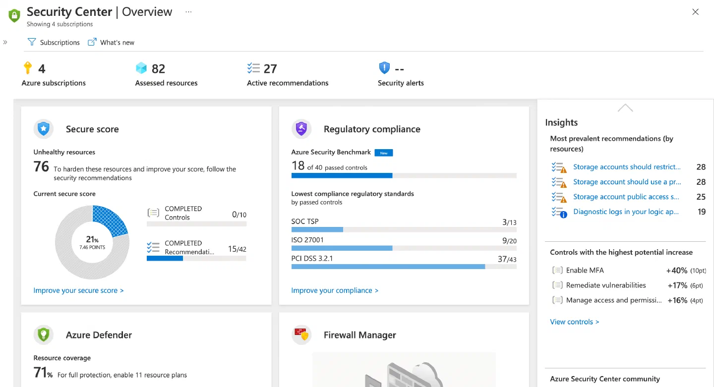 Screenshot showing the overview pane of Azure Security Center Screenshot showing the overview pane of Azure Security Center