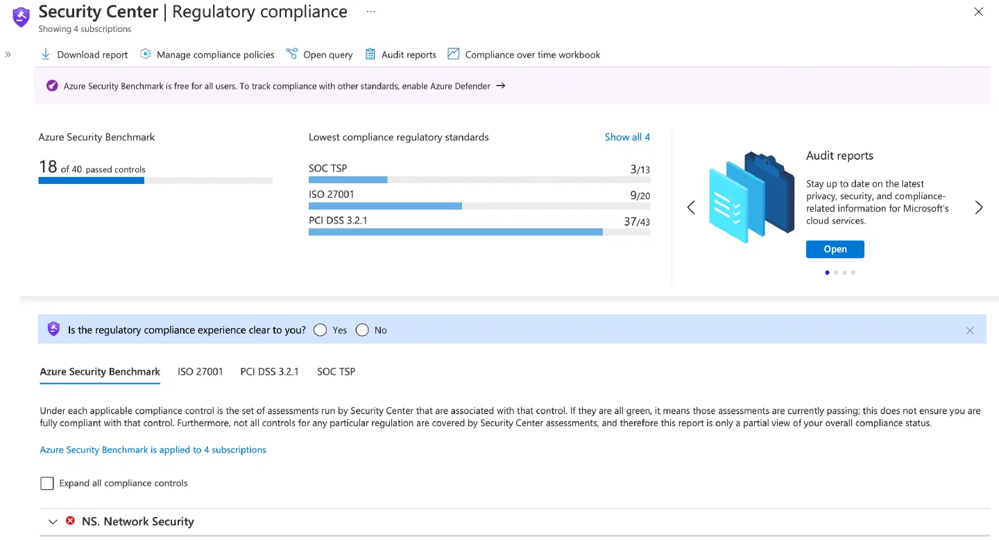 Screenshot showing the regulatory compliance blade of Azure Security Center Screenshot showing the regulatory compliance blade of Azure Security Center