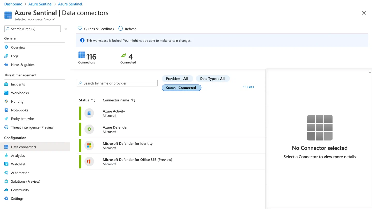 Screenshot showing Azure Sentinel Connectors which have been turned on in a Cloud With Chris workspace Screenshot showing Azure Sentinel Connectors which have been turned on in a Cloud With Chris workspace