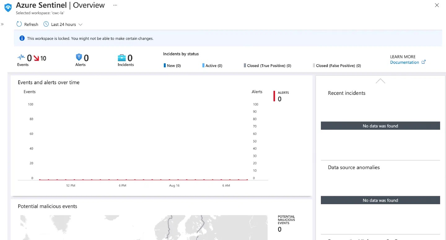 Screenshot showing the Azure Sentinel Overview blade Screenshot showing the Azure Sentinel Overview blade