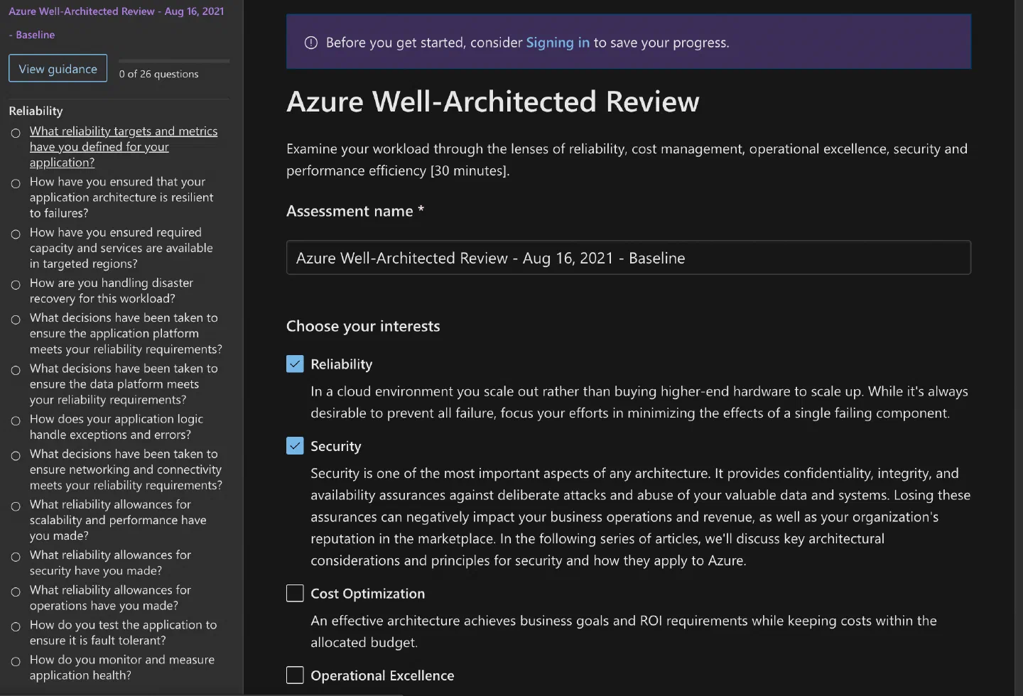 Screenshot showing an example Azure Well-Architected Framework assessment Screenshot showing an example Azure Well-Architected Framework assessment