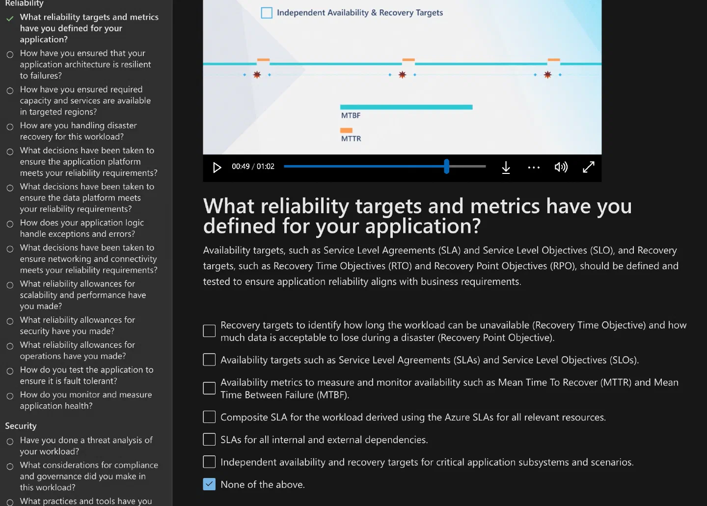 Screenshot showing an example question from the Azure Well-Architected Framework assessment Screenshot showing an example question from the Azure Well-Architected Framework assessment