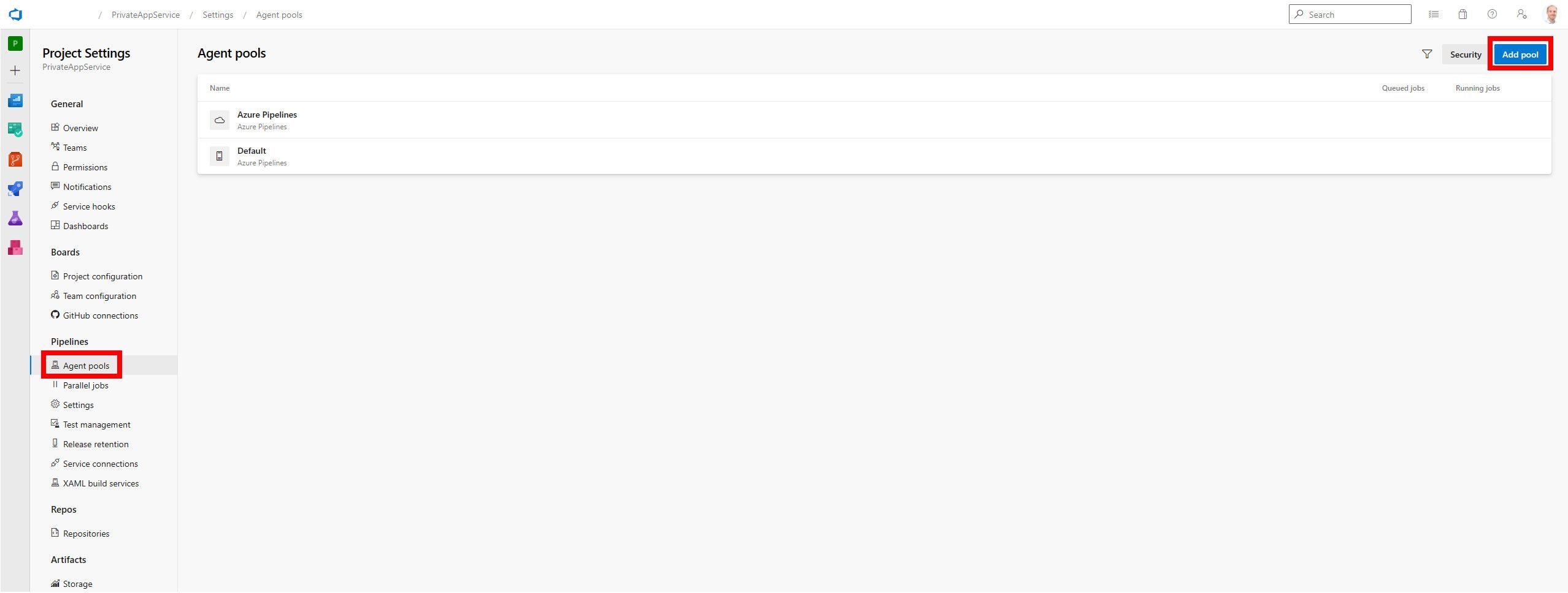 Screenshot showing the Agent Pools available for a project in Azure DevOps. It highlights the Agent Pools item under the Pipelines subsection, as well as the Add Pool button to create a new agent pool.
