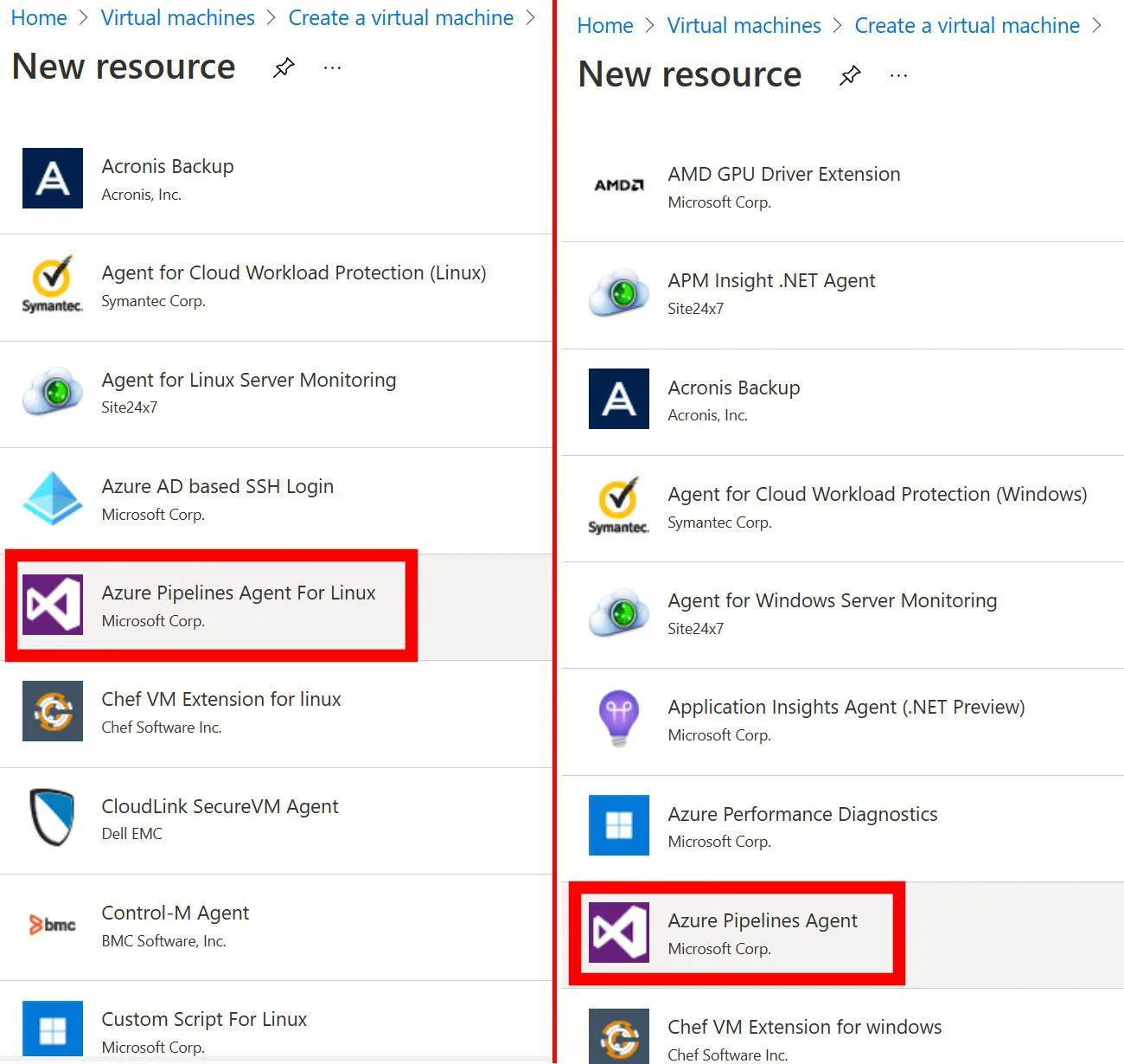 Screenshot showing the Azure DeVOps Extension for a Linux Machine as well as a Windows Machine