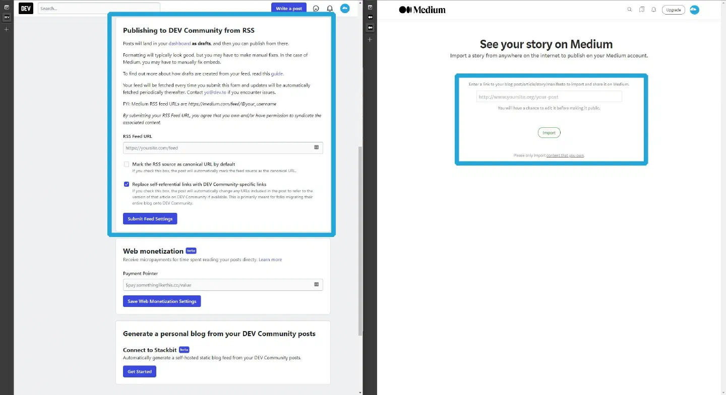 Examples of importing the content into medium.com and dev.to