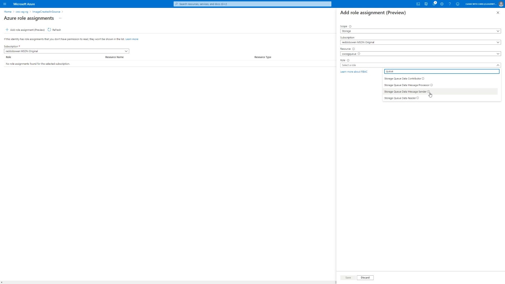 Screenshot showing Storage Queue Data Message Sender permission being assigned to the Event Grid System Topic