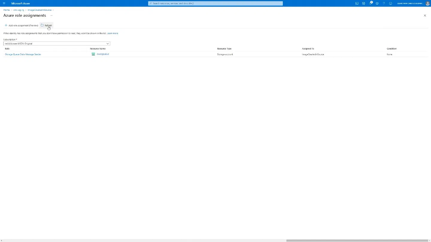Screenshot showing Storage Queue Data Message Sender permission was assigned to the Event Grid System Topic
