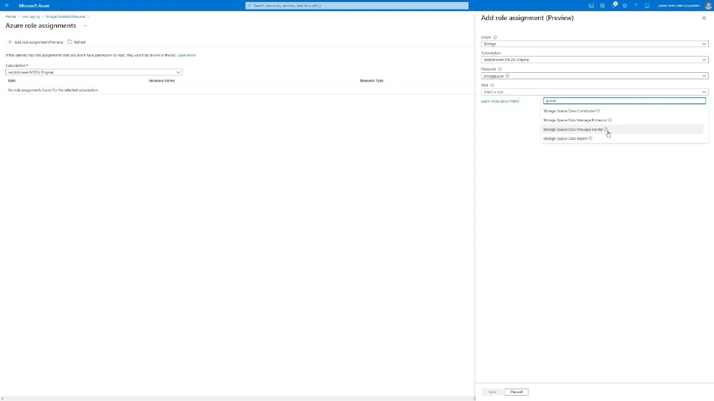 Screenshot showing Storage Queue Data Message Sender permission being assigned to the Event Grid System Topic