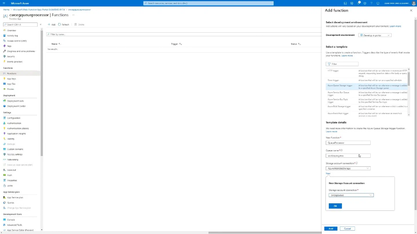 Screenshot showing example Azure Function templates/bindings