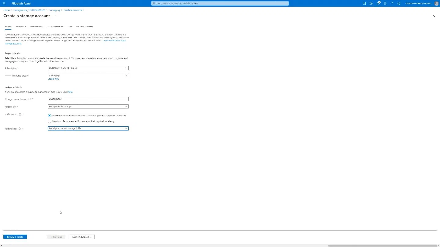 Screenshot showing the queue storage account Creation process