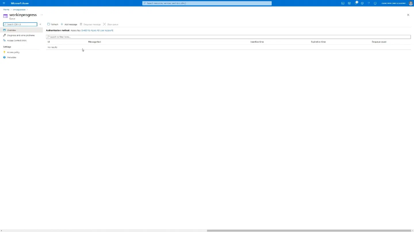Screenshot showing zero messages contained in the Azure Storage Queue