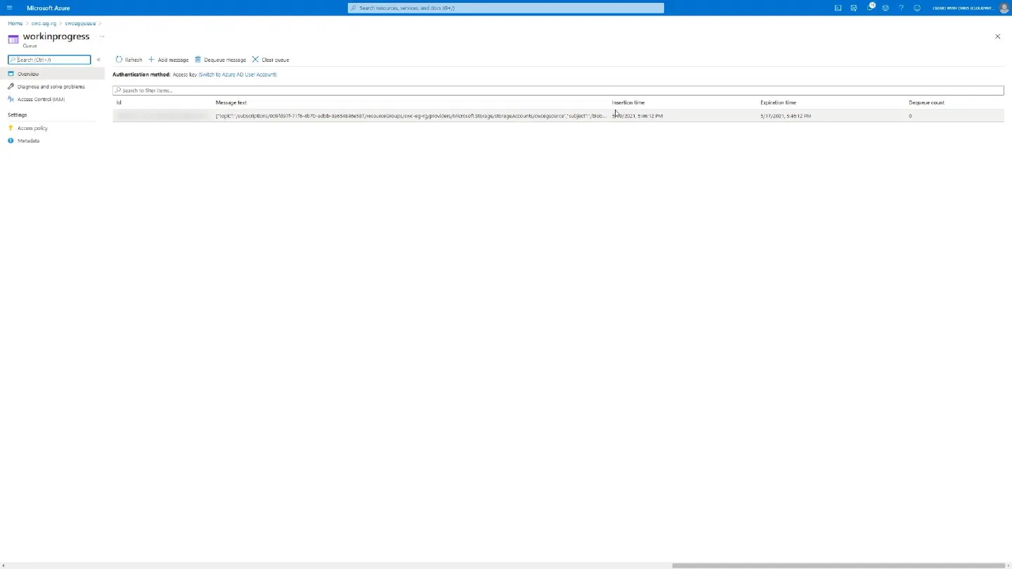 Screenshot showing a single message contained in the Azure Storage Queue