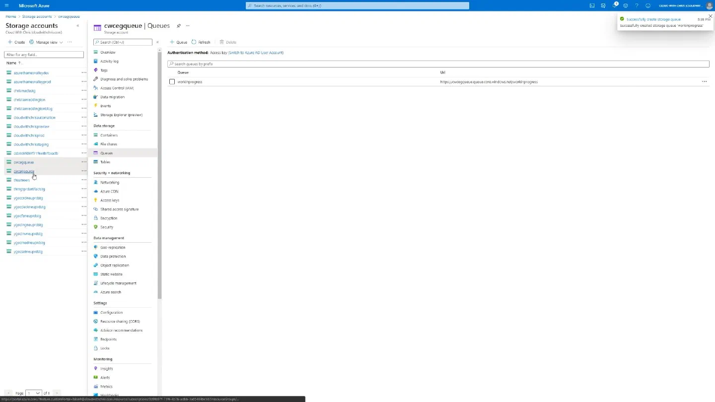 Screenshot showing queue created in the queue storage account