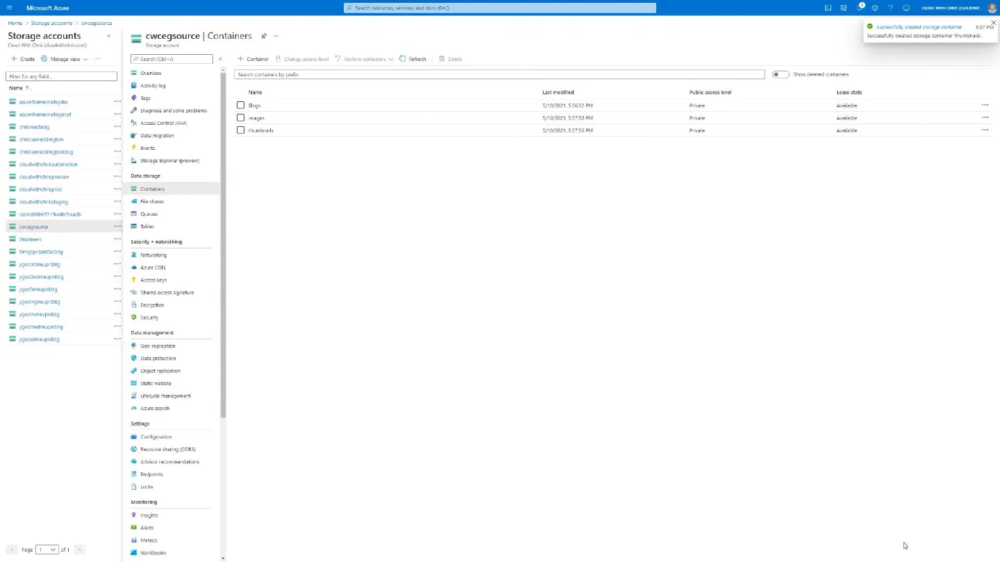 Screenshot showing contains created in the Source storage account