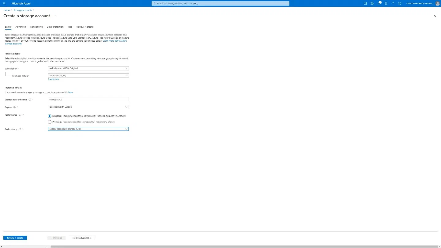 Screenshot showing the Source storage account Creation process