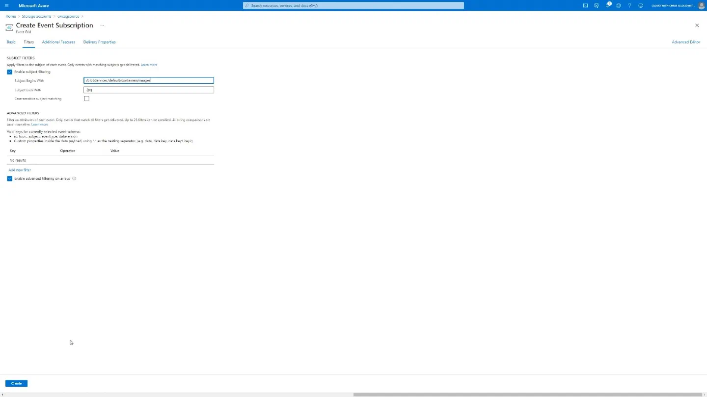 Screenshot showing the creation experience for the event subscription and System Topic (Filters Tab)